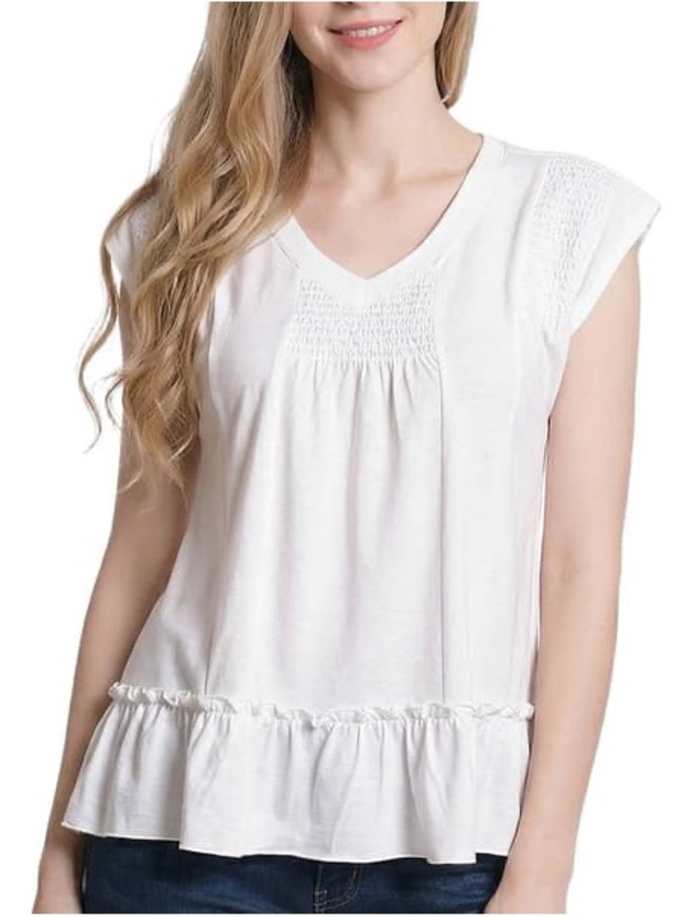Womens NY Collection Cap Sleeve V Neck Smock Ruffle Blouse